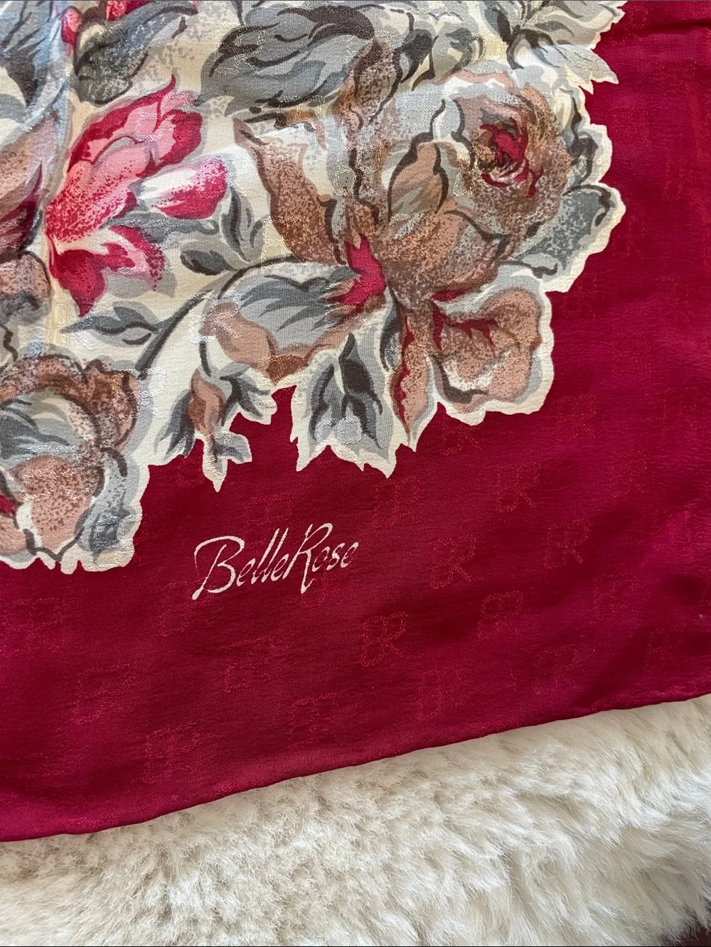 Bellerose Cream Square Scarf with Deep Red Floral Border